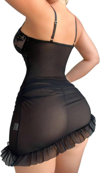 Sexy Corset Bodycon Ruffle Sheer Underwire Mesh Lace Floral Outfits Babydoll Lingerie Set Dress with Thong 2 Piece