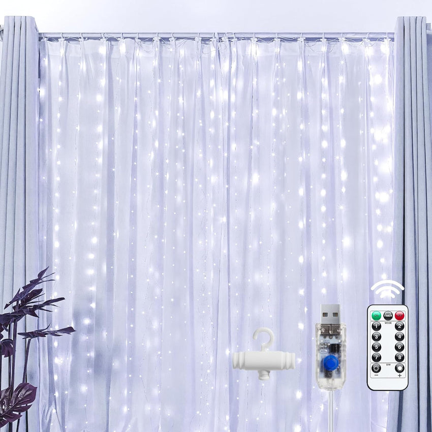 Brightown 300 LED Fairy Curtain Lights, 9.8ft x 9.8ft Warm White Curtain String Lights, USB Plug in 8 Lighting Modes Christmas Decoration, Hanging Lights with Remote for Bedroom Indoor Weddings Dorm