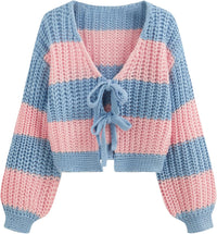 CIDER Striped Sweater Women V Neck Tie Front Knit Cardigan Oversized Trendy Sweaters for Women Fall