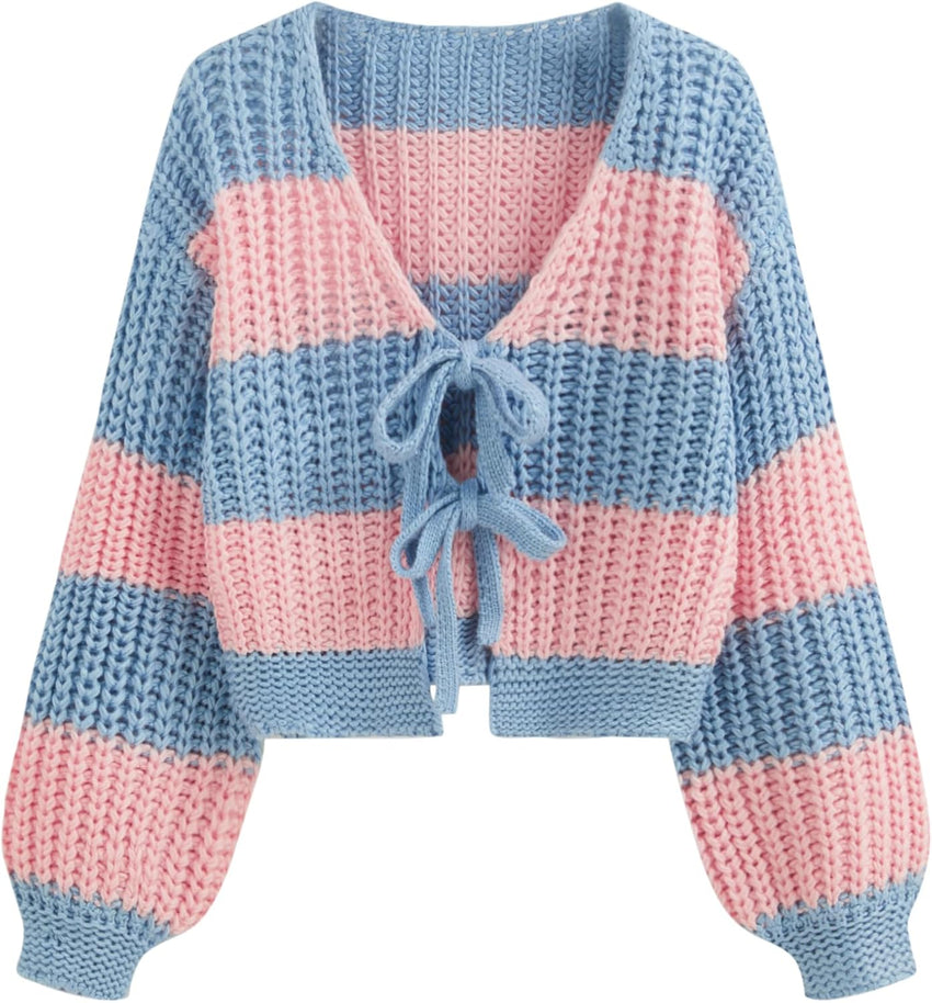 CIDER Striped Sweater Women V Neck Tie Front Knit Cardigan Oversized Trendy Sweaters for Women Fall