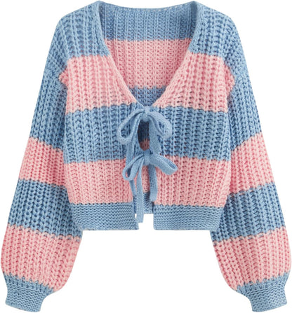 CIDER Striped Sweater Women V Neck Tie Front Knit Cardigan Oversized Trendy Sweaters for Women Fall