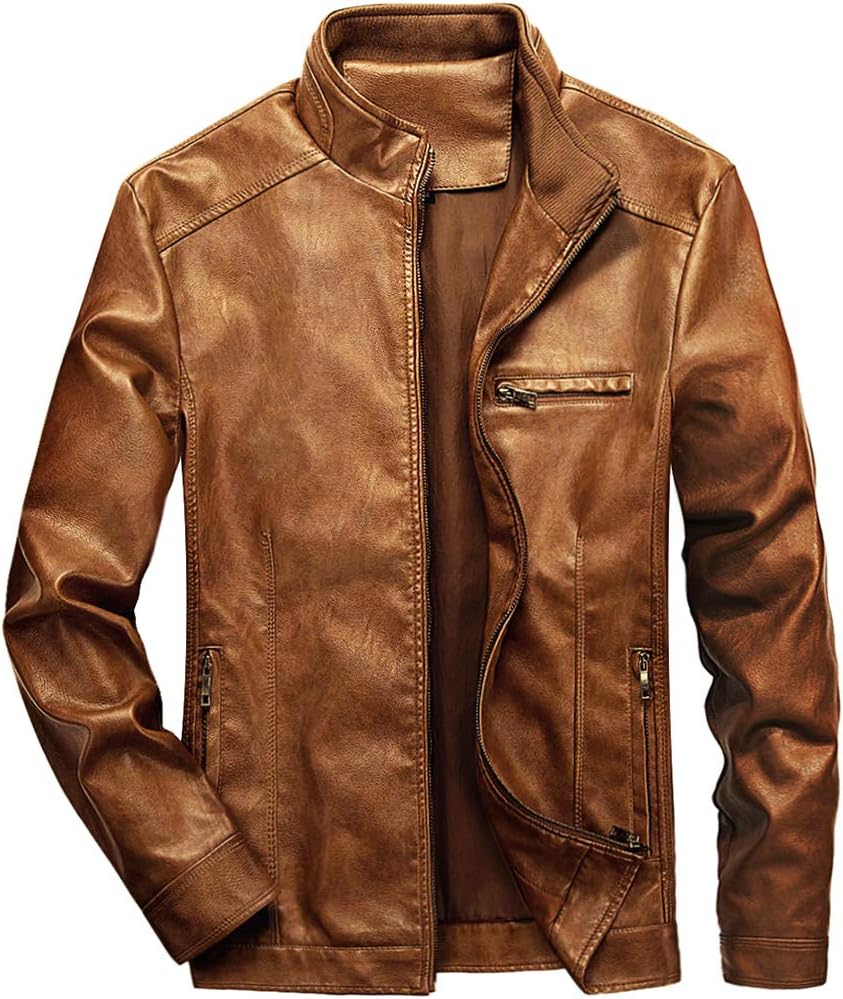 7DAY'S Men's Stand Collar Leather Jacket Motorcycle Lightweight Faux Leather Outwear
