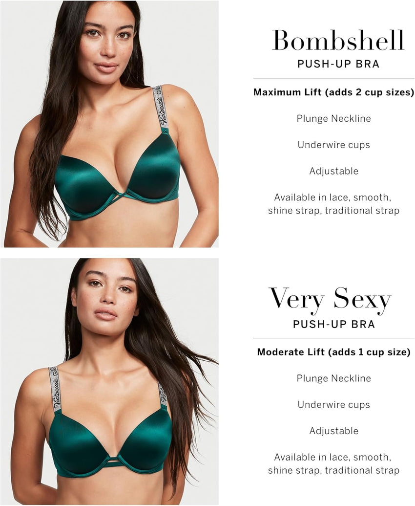 Victoria's Secret Very Sexy Logo Shine Strap Push-Up Bra, Adds One Cup Size, Padded, Plunge Neckline, Bras for Women, Black Shine, 32C