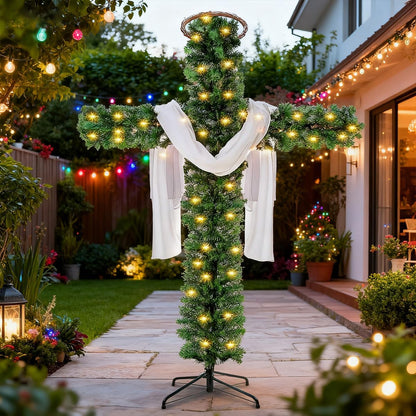 Christmas Tree Shaped Like a Cross, Foldable Cross Christmas Tree, Pre-Lit Artificial Pine Christmas Cross, with Light String, White Scarves and Wooden Rattan Ring, Large Christmas Decorations(5ft)