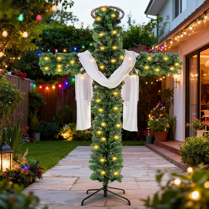 Christmas Tree Shaped Like a Cross, Foldable Cross Christmas Tree, Pre-Lit Artificial Pine Christmas Cross, with Light String, White Scarves and Wooden Rattan Ring, Large Christmas Decorations(5ft)