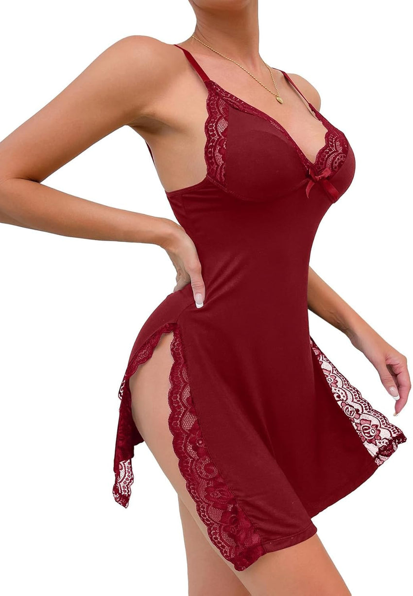 Sexy Split Side Floral Lace Trim Full Slip Night Gown Babydoll Lingerie Dress with Thong 2 piece