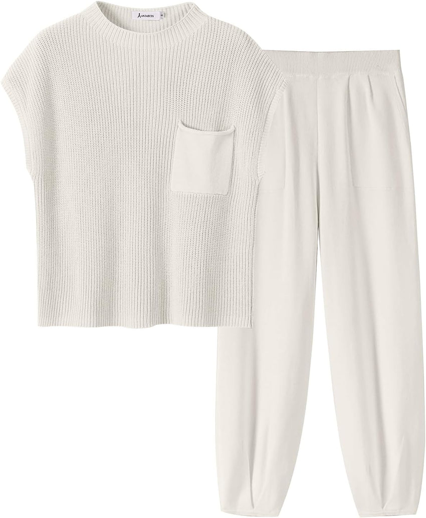 ANRABESS Women's Two Piece Outfits Knit Sweater Vest Crop Top Pants Lounge Matching Tracksuit Sweatsuit Travel Clothes Sets