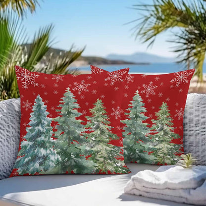 Outdoor Throw Pillow Covers Waterproof Pillow Cases 16x16in, Merry Christmas Tree Gradient Green Decorative Pillow Covers Cushion Cases for Couch Sofa Patio Garden,2 Pack Winter Snowflake on Red