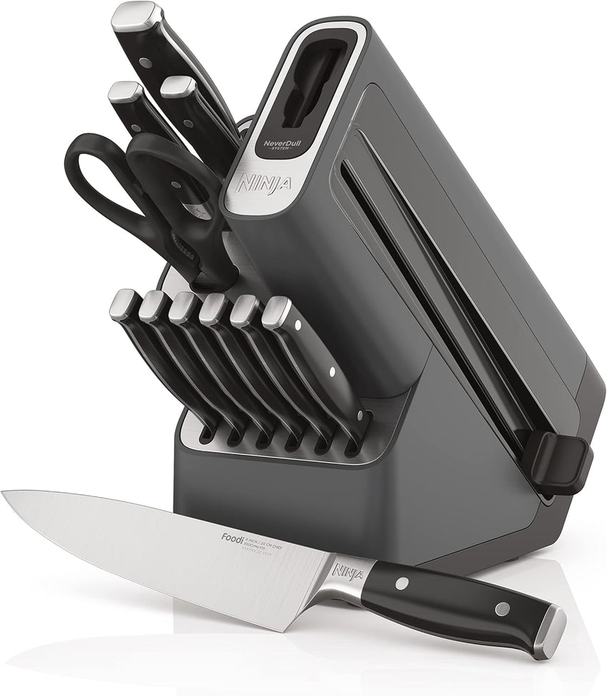 Ninja K32017 Foodi NeverDull Premium Knife System, 17 Piece Knife Block Set with Built-in Sharpener, German Stainless Steel Knives, Black