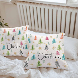 Outdoor Waterproof Throw Pillow Cover, Christmas Xmas Tree Watercolor Decorative Pillows Cushion Covers, Winter Golden Snowflakes Stars 2 Pack Pillow Cases for Patio Garden Balcony Couch Sofa 16x16in