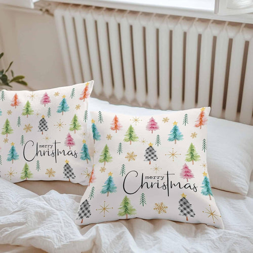 Outdoor Waterproof Throw Pillow Cover, Christmas Xmas Tree Watercolor Decorative Pillows Cushion Covers, Winter Golden Snowflakes Stars 2 Pack Pillow Cases for Patio Garden Balcony Couch Sofa 16x16in