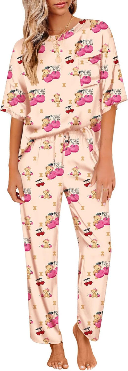 Ekouaer Womens Satin Silky Pajama Set Short Sleeve Shirt with Long Pajama Pant Set Soft PJ Loungewear