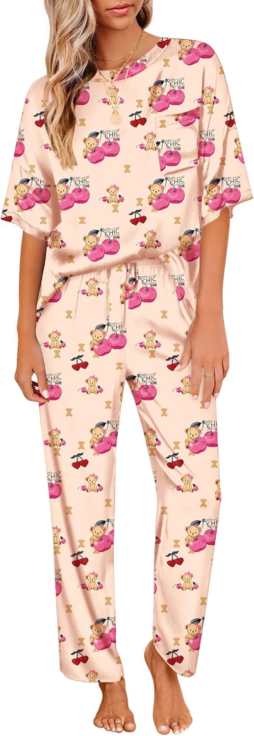 Ekouaer Womens Satin Silky Pajama Set Short Sleeve Shirt with Long Pajama Pant Set Soft PJ Loungewear