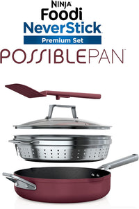 Ninja, Cookware, Steamer, Strainer Basket, Glass Lid and Spatula, Foodi NeverStick PossiblePan, Premium Set with 4-Quart Capacity Pan, Nonstick, Durable, Oven Safe Cookware, Cherry Tart, CW102RD