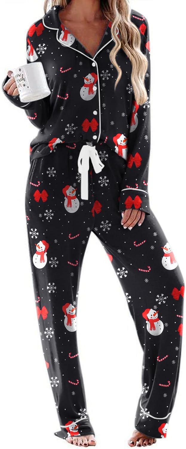 Ekouaer Women's Pajamas Long Sleeve Sleepwear Casual Button Down Loungewear Soft Pjs Set S-XXL