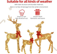 3-Piece 2D Lighted Christmas Deer Family Set - HOYECHI Large Outdoor Yard Reindeer Holiday Decoration with 145 LED Lights, Stakes, Zip Ties - Gold