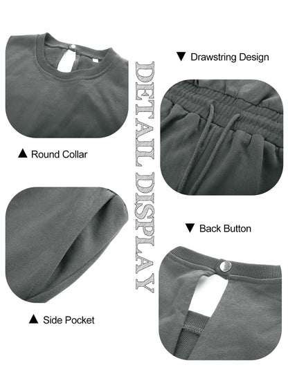 Flygo Womens Casual Jumpsuit Crewneck Cap Sleeve Long Wide Leg Pants One Piece Outfits Drawstring Romper with Pockets(LightGrey-M)