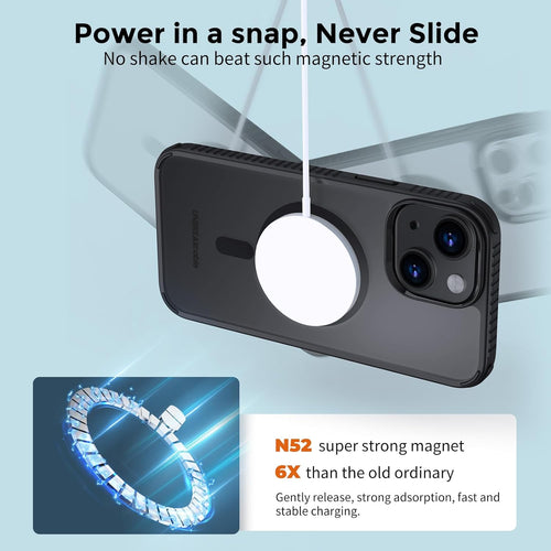 UNBREAKcable Case for iPhone 14 & iPhone 13, [Compatible with MagSafe] [Military Grade Shockproof] [Non-Slip] Translucent Matte Back and Soft TPU Edge Protective Case for iPhone 14/13 6.1", Black