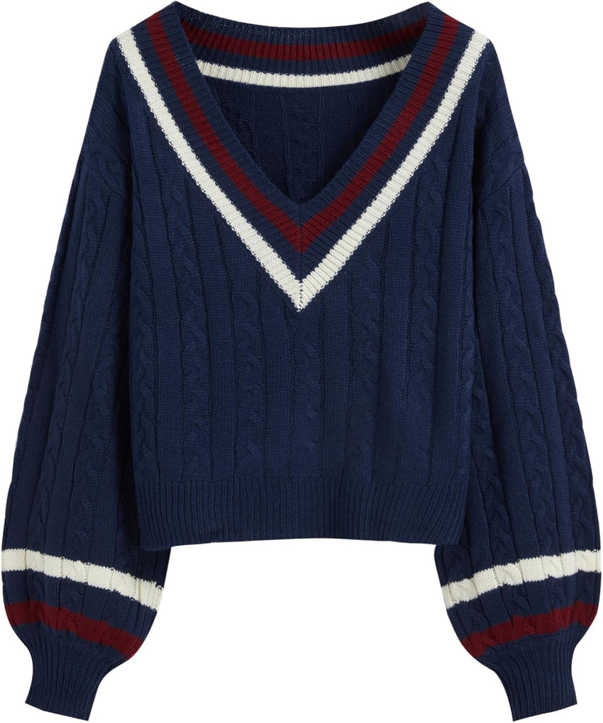 CIDER Cable Knit Sweater Women V Neck Long Sleeve Pullover Striped Trim Regular Fit Knit Top Fall Sweaters