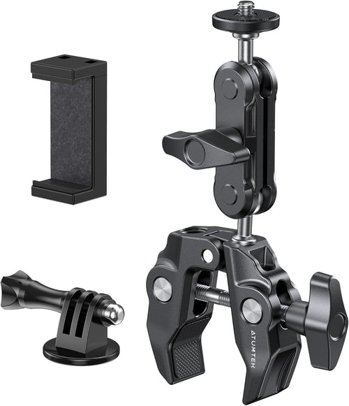 ATUMTEK Super Camera Clamp Mount with 1/4" and 3/8" Threads, Dual Ballhead Magic Arm 360° Ball Head Grip, Phone/Action Camera Mount Adapter for Canon Nikon DSLR Camera, GoPro/Insta360/INSTAX/DJI