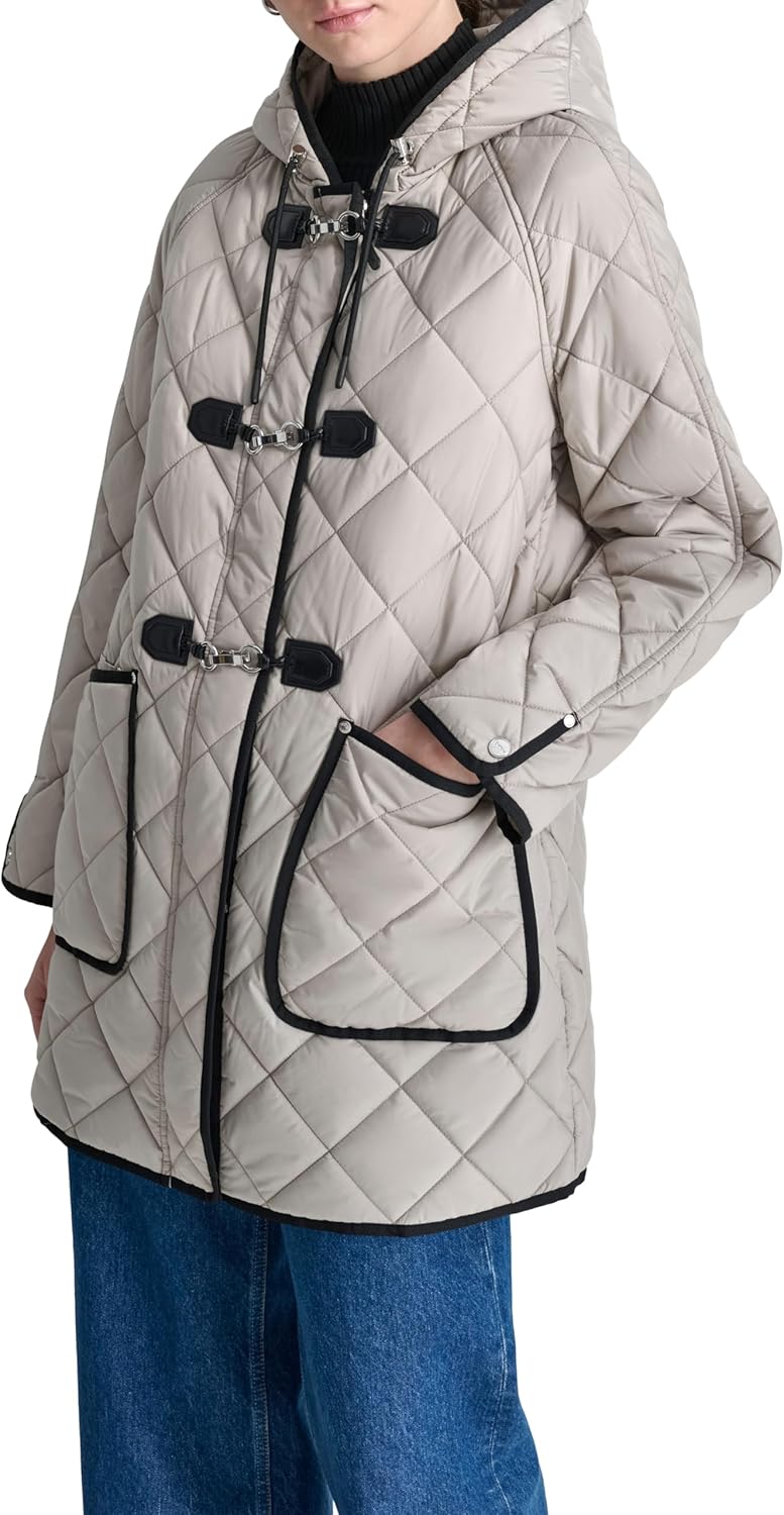 DKNY womens Hooded Toggle Quilted Coat