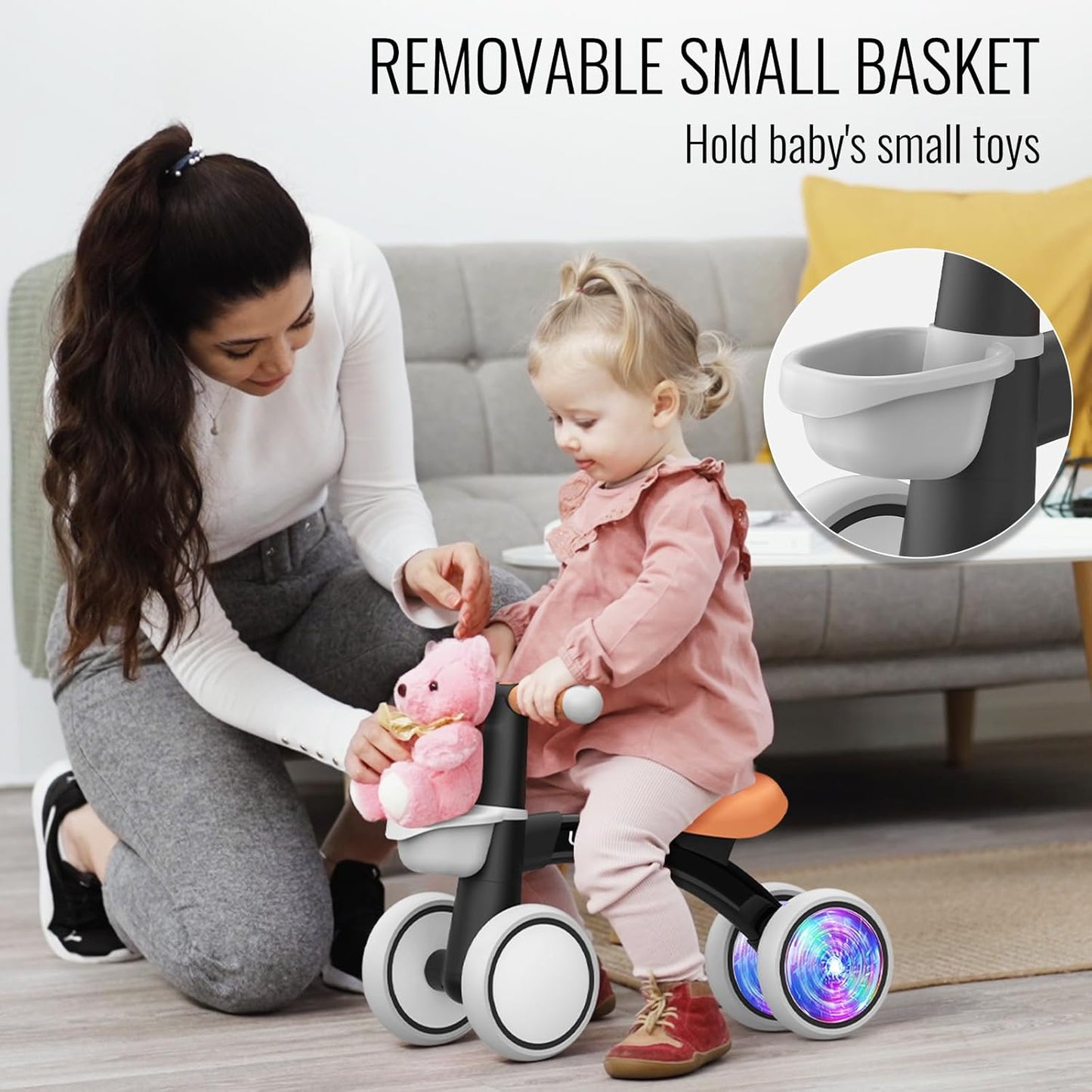 Umatoll Colorful Lighting Baby Balance Bike Toys for 1 Year Old Boys Gifts, Adjustable Seat Baby Walker, One Year Old Boy Birthday Gifts, 12-24 Months Toddler First Ride on Toys