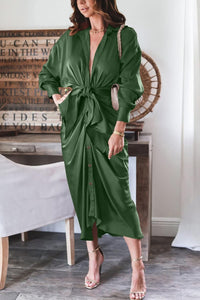 BTFBM Summer Dresses for Women 2025 Long Sleeve Lapel V Neck Button Down Elegant Belted Ruched Satin Shirt Fall Dress