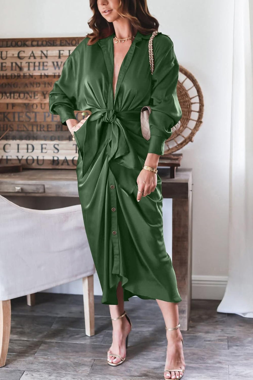 BTFBM Summer Dresses for Women 2025 Long Sleeve Lapel V Neck Button Down Elegant Belted Ruched Satin Shirt Fall Dress