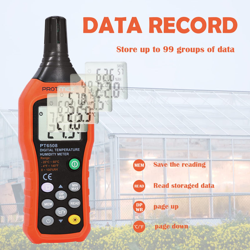 Digital Temperature Humidity Meter, Thermometer Hygrometer with Ambient Dew Point and Wet Bulb Temperature Indoor and Outdoor, Data Logger with Min/Max Hold, LCD Backlight, PT6508