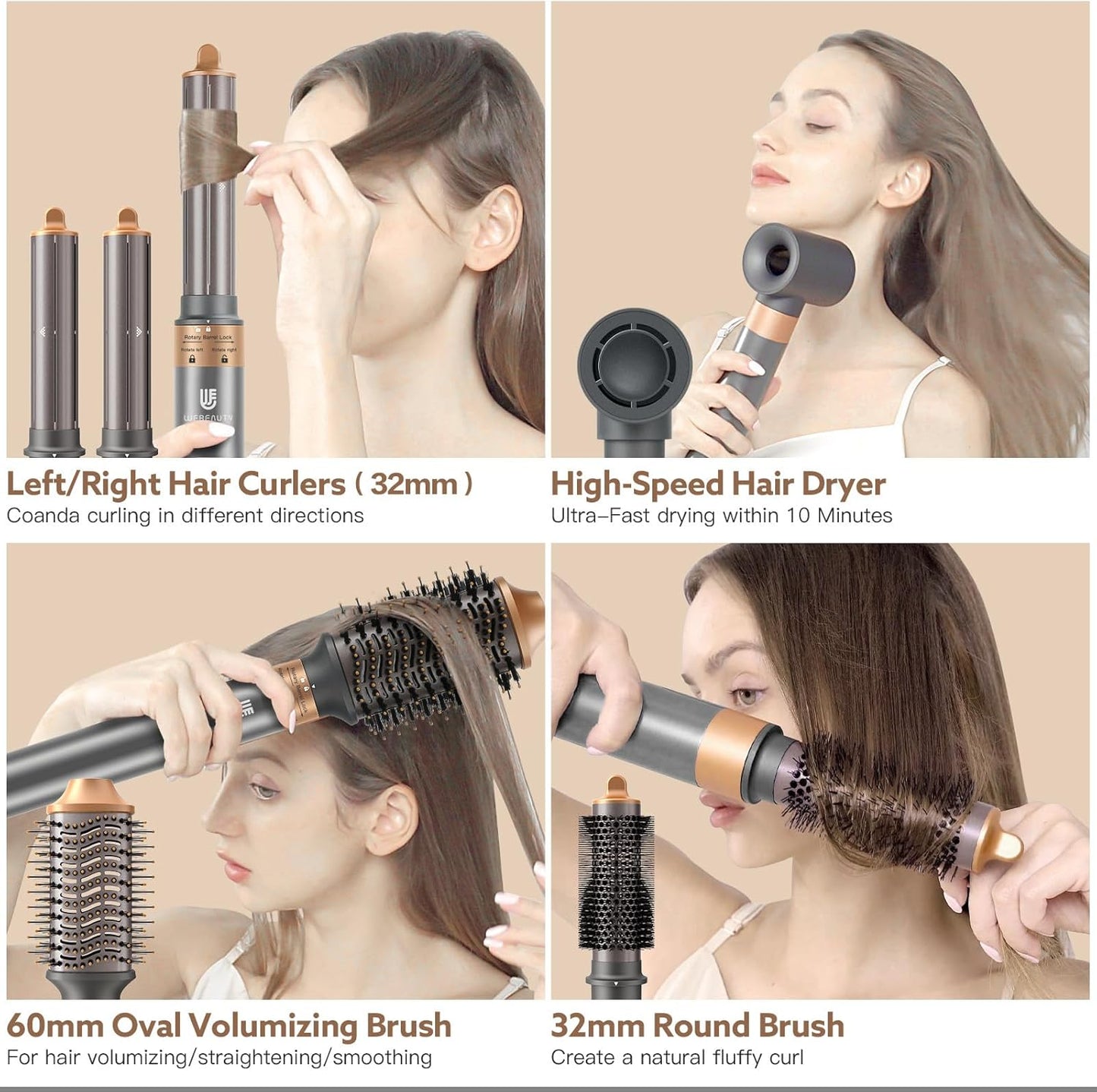 Hair Dryer Brush, webeauty 5 in 1 Professional Hot Air Styling, High-Speed Negative Ionic Hair Dryer Fast Drying, Multi Hair Styler with Air Curling Iron, Volumizing, with Carrying Case (Grey Gold)