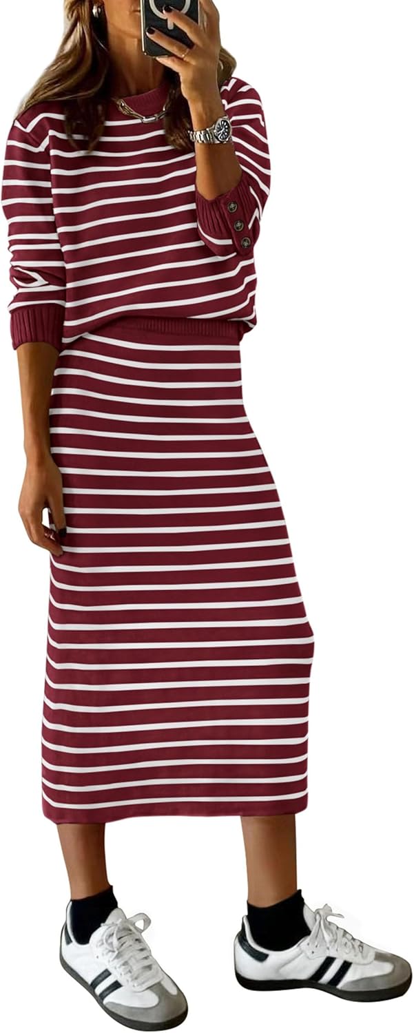 PRETTYGARDEN 2 Piece Skirts Sets For Women Fall Fashion 2025 Striped Sweater Dress Knit Lounge Travel Outfits Winter Clothing