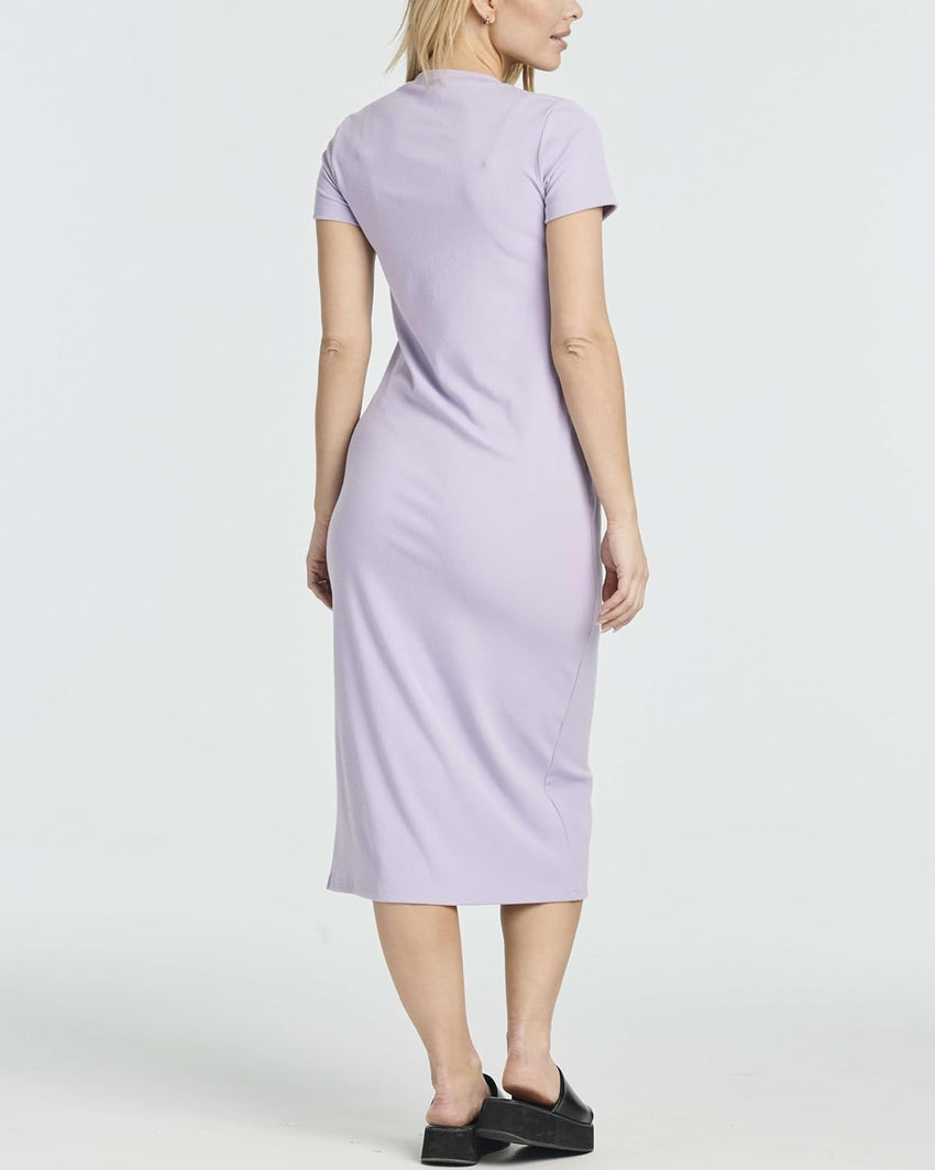 Real Essentials 3 Pack: Women's Ribbed Jersey Crew Neck Short Sleeve Midi Length Dress with Side Slit