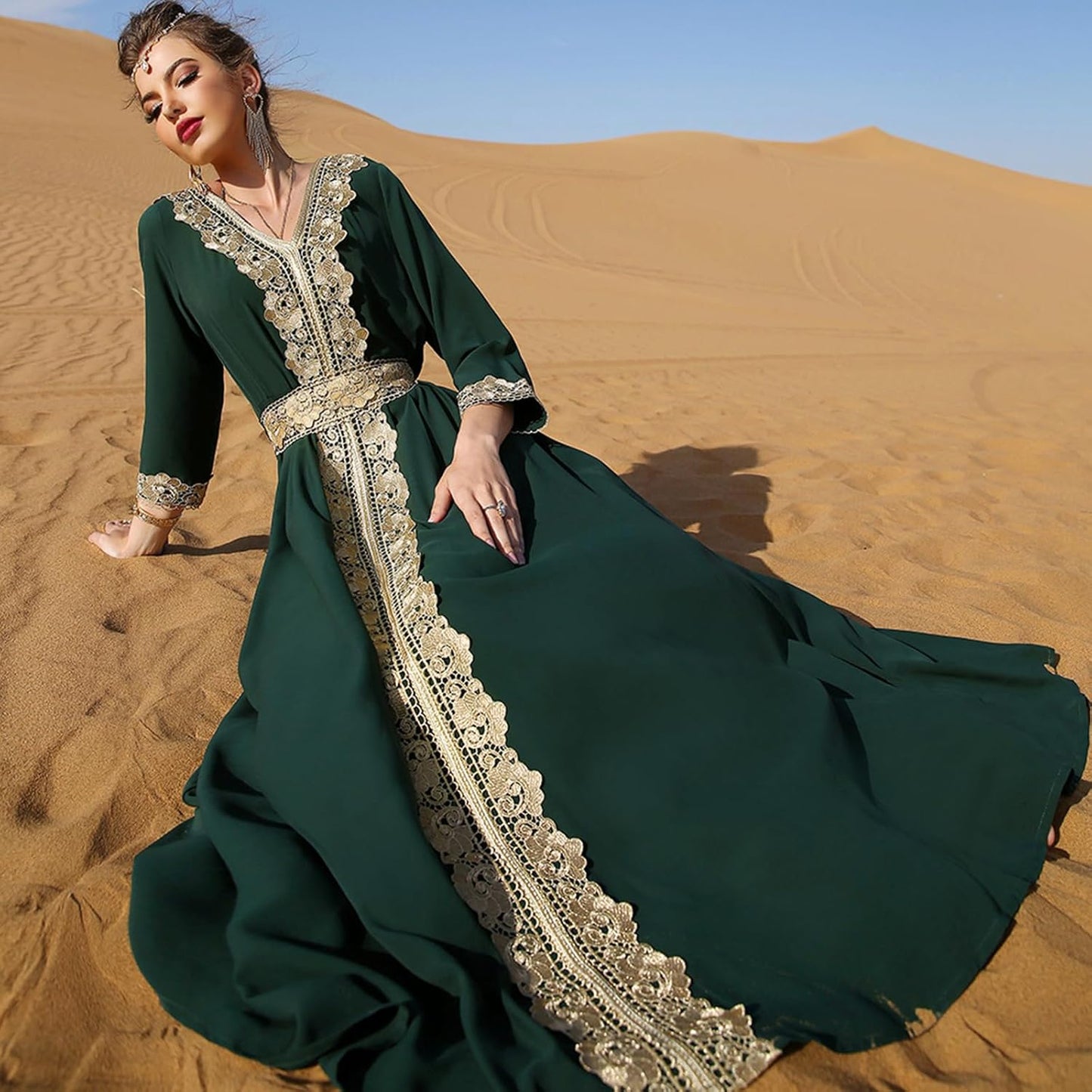 Abaya for Women Floral Lace Ethnic Moroccan Dress Muslim Dubai Attire Islamic Clothes Wedding Eid Ramadan Jalabiya