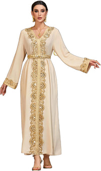 Lace Trim V-Neck Kaftan Dress, Long Sleeve Maxi Dress with Belt, Gold Embroidery Women's Evening Gown