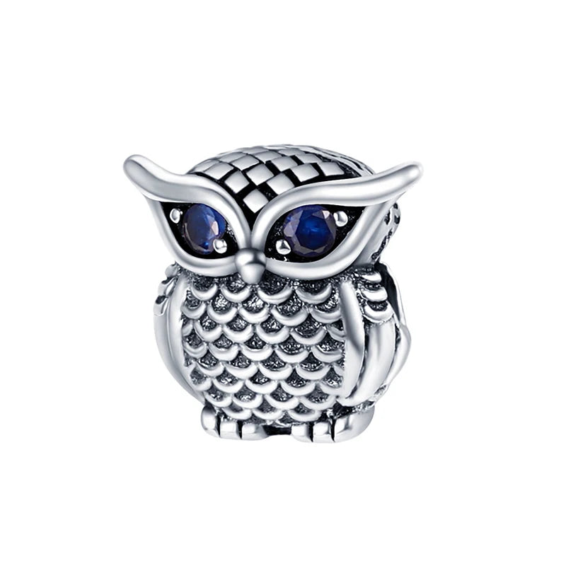 Hot Sale Charms Fit Pandora 925 Original Bracelet Silvering Owl With Blue Zircon Red Heart Charms Beads Fine DIY Jewelry Making