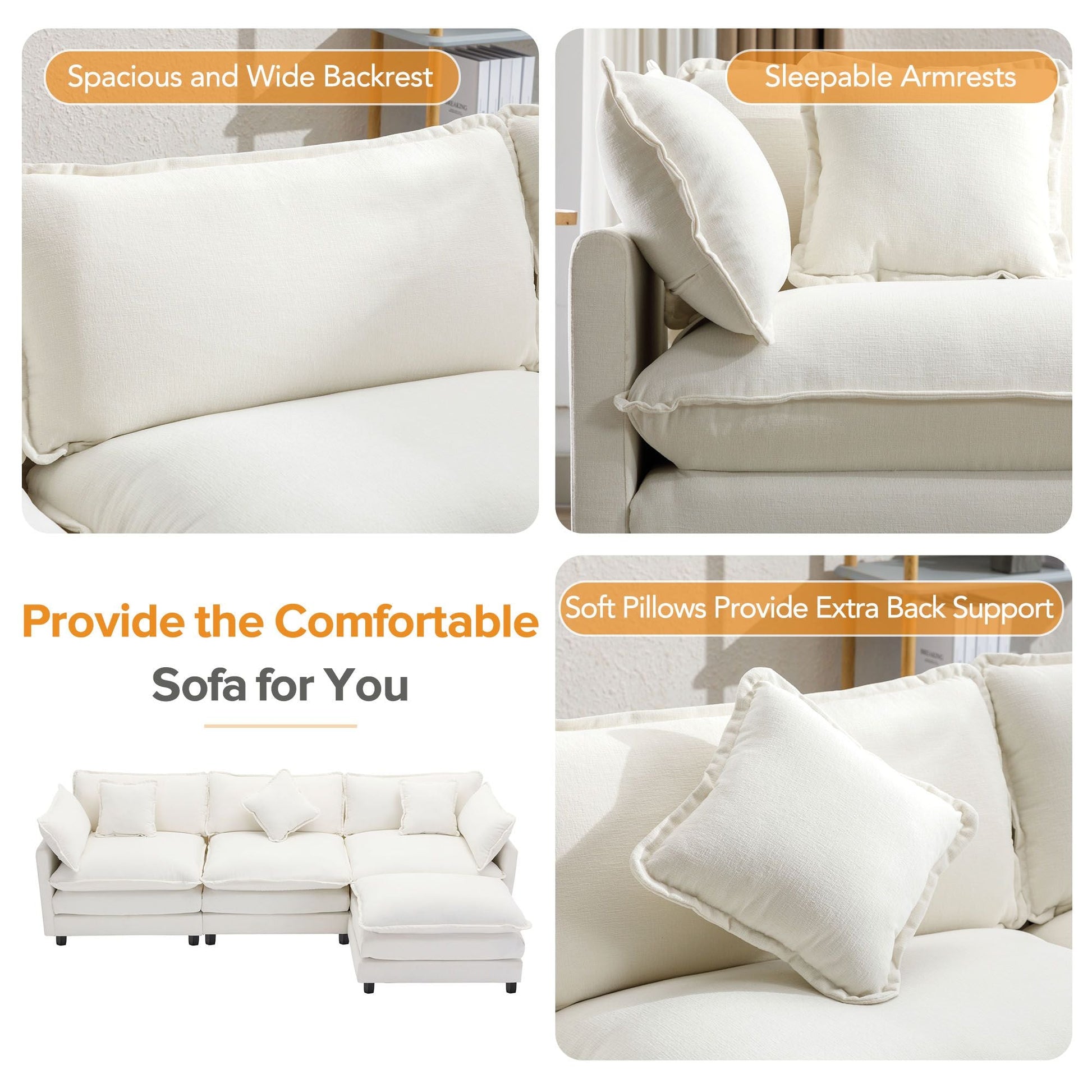 7DAY'S 112.2\" L - Shape Chenille Upholstered Sofa for Living Room Modern Luxury Sofa Couch with Ottoman and 5 Pillows for Living Room - 7DAY'S