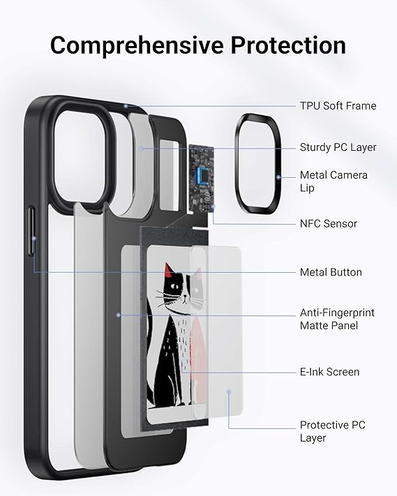 Cat design phone case with TPU frame, metal camera lip, and E-Ink screen for comprehensive protection