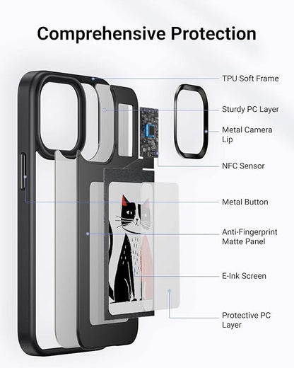 Cat design phone case with TPU frame, metal camera lip, and E-Ink screen for comprehensive protection