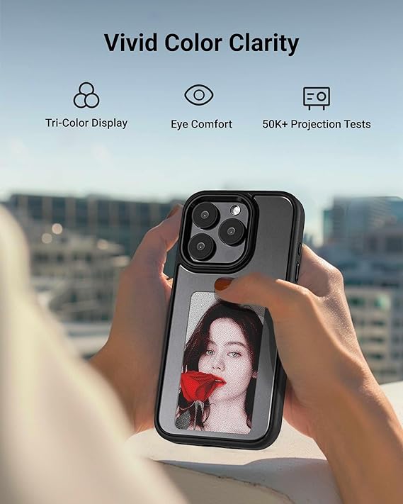 Smartphone with vivid color display, tri-color tech, eye comfort, 50K+ projection tests, held outdoors