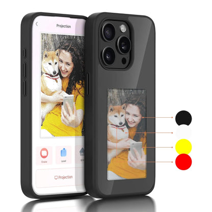 Custom photo projection phone case with color options, showing woman and dog design on black case