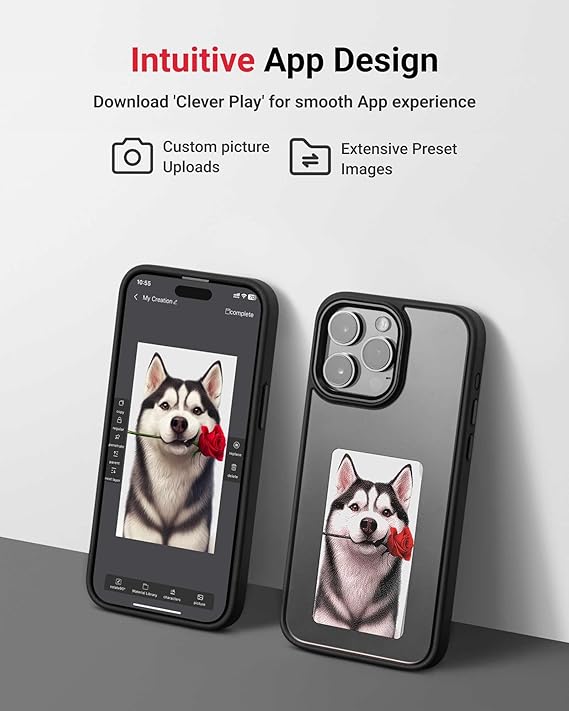 Custom phone case with husky holding rose, app design for photo uploads and presets