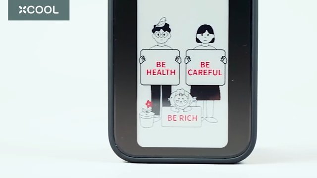 Smartphone displaying 'BE HEALTH', 'BE CAREFUL', 'BE RICH' signs with cartoon figures, ideal for home decor or gifts.