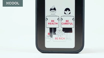 Smartphone displaying 'BE HEALTH', 'BE CAREFUL', 'BE RICH' signs with cartoon figures, ideal for home decor or gifts.
