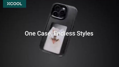 Black phone case with customizable photo insert, sleek design for iPhone, one case endless styles