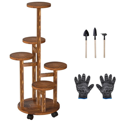 7DAY'S 5 Tier Plant Stand with 4 Detachable Wheels Wooden Plant Pot Rolling Shelf Plant Display Rack for Indoor Outdoor Decoration - 7DAY'S