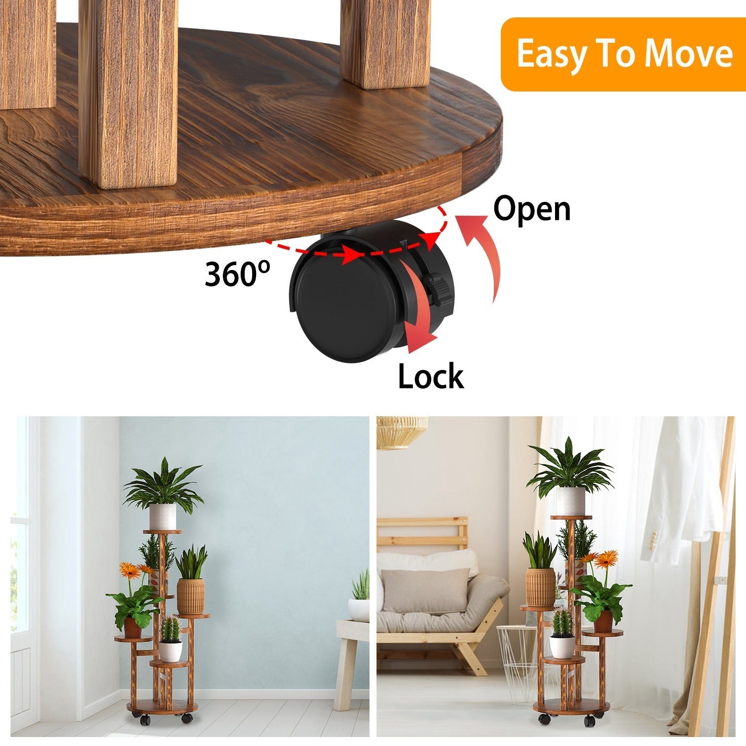 7DAY'S 5 Tier Plant Stand with 4 Detachable Wheels Wooden Plant Pot Rolling Shelf Plant Display Rack for Indoor Outdoor Decoration - 7DAY'S