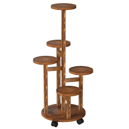7DAY'S 5 Tier Plant Stand with 4 Detachable Wheels Wooden Plant Pot Rolling Shelf Plant Display Rack for Indoor Outdoor Decoration - 7DAY'S
