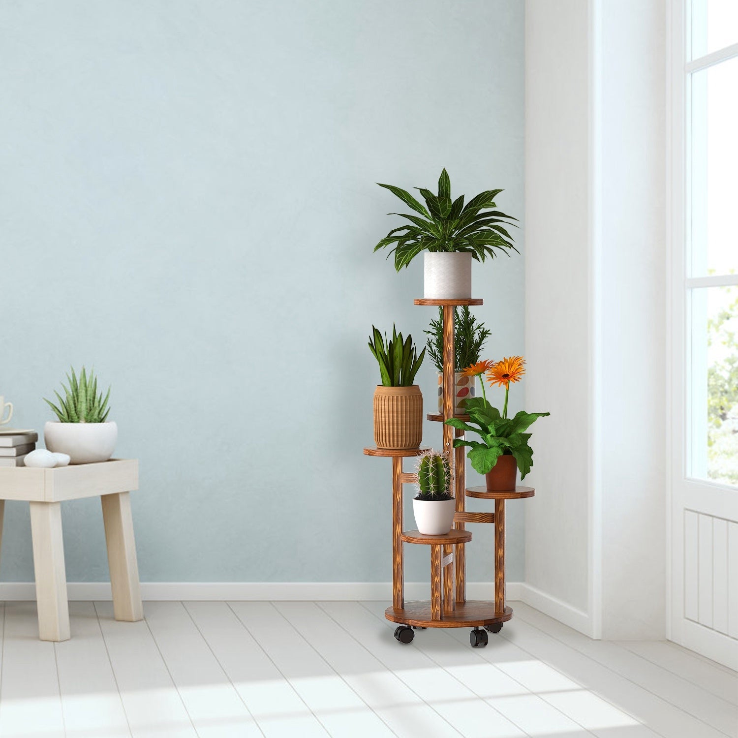 7DAY'S 5 Tier Plant Stand with 4 Detachable Wheels Wooden Plant Pot Rolling Shelf Plant Display Rack for Indoor Outdoor Decoration - 7DAY'S