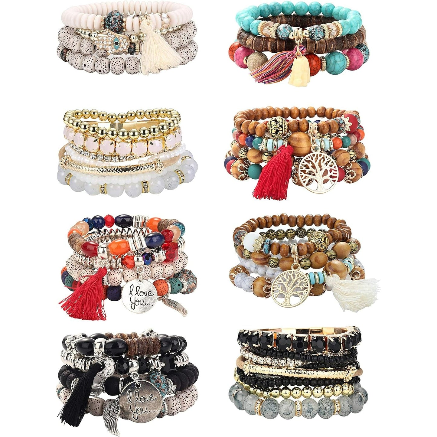 7DAY'S 8 Sets Bohemian Stretch Wood Beaded Bracelets for Women Boho Tassel Bracelet Set bead Strand Bangle Charm Multilayer Stackable Bracelets - 7DAY'S