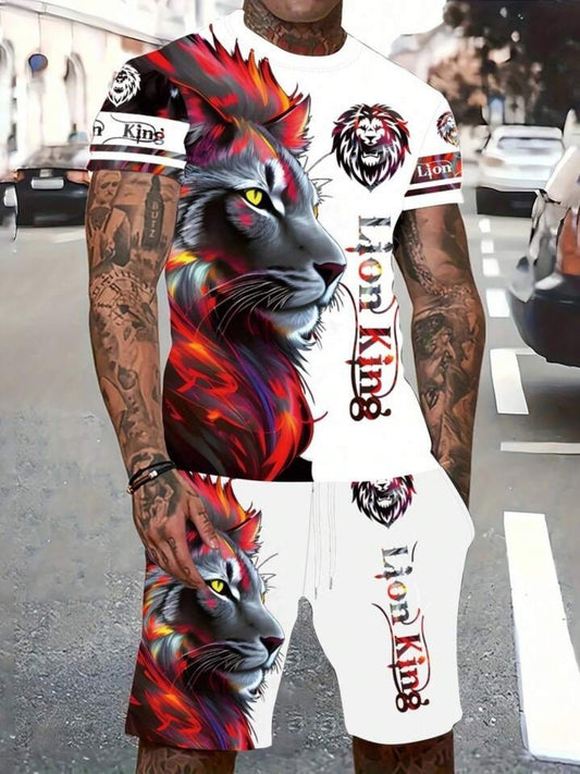 7DAY'S Men's Letter Lion Graphic Round Neck Short Sleeve Casual T-Shirt And Drawstring Waist Shorts Set - 7DAY'S